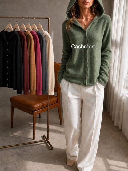 Women's 100% Cashmere Hooded Cardigan Sweater, Long Sleeve Button Front Drop Shoulder Basic Top, Casual Fall Winter Fashion