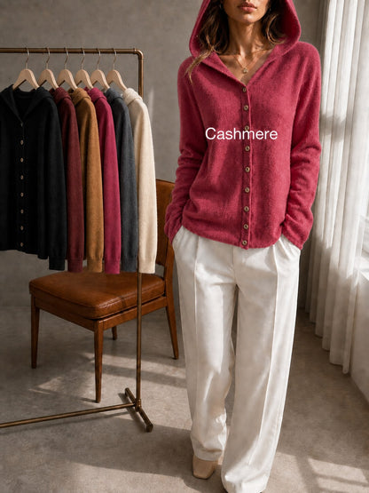 Women's 100% Cashmere Hooded Cardigan Sweater, Long Sleeve Button Front Drop Shoulder Basic Top, Casual Fall Winter Fashion