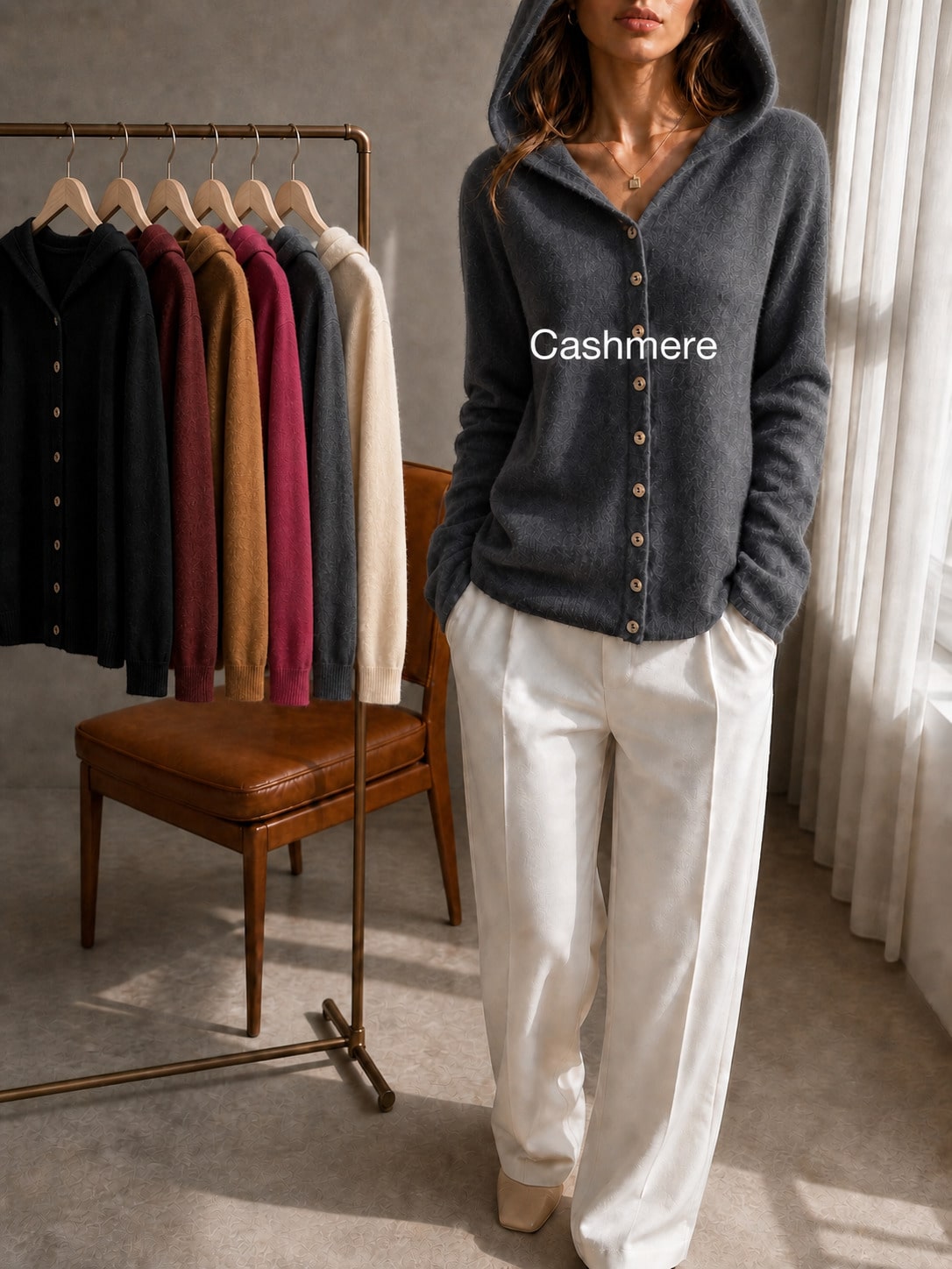 Women's 100% Cashmere Hooded Cardigan Sweater, Long Sleeve Button Front Drop Shoulder Basic Top, Casual Fall Winter Fashion