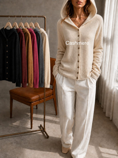 Women's 100% Cashmere Hooded Cardigan Sweater, Long Sleeve Button Front Drop Shoulder Basic Top, Casual Fall Winter Fashion