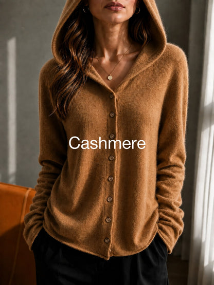 Women's 100% Cashmere Hooded Cardigan Sweater, Long Sleeve Button Front Drop Shoulder Basic Top, Casual Fall Winter Fashion