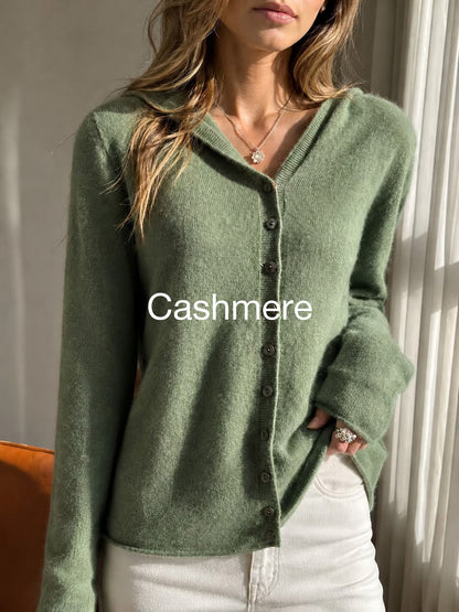 Women's 100% Cashmere Hooded Cardigan Sweater, Long Sleeve Button Front Drop Shoulder Basic Top, Casual Fall Winter Fashion