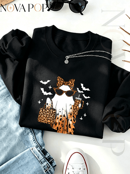 Women Thin Crewneck Sweatshirt, Boo-Jee Leopard Bow Ghost Bat Graphic Print, Back To School Fall Outfit For Women, Halloween Vacation Gift