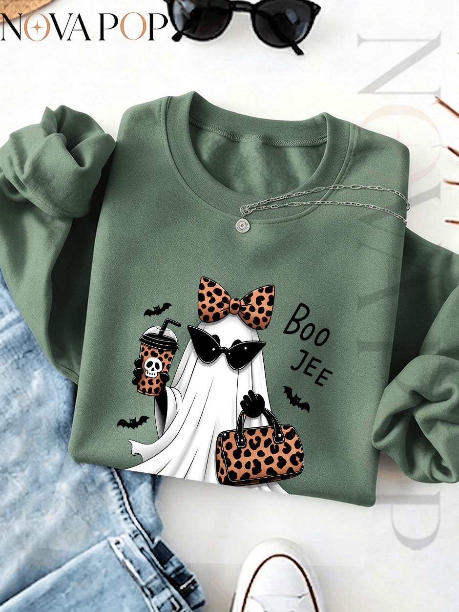 Women Thin Crewneck Sweatshirt, Boo-Jee Leopard Bow Ghost Bat Graphic Print, Back To School Fall Outfit For Women, Halloween Vacation Gift