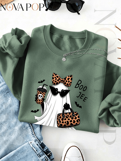 Women Thin Crewneck Sweatshirt, Boo-Jee Leopard Bow Ghost Bat Graphic Print, Back To School Fall Outfit For Women, Halloween Vacation Gift