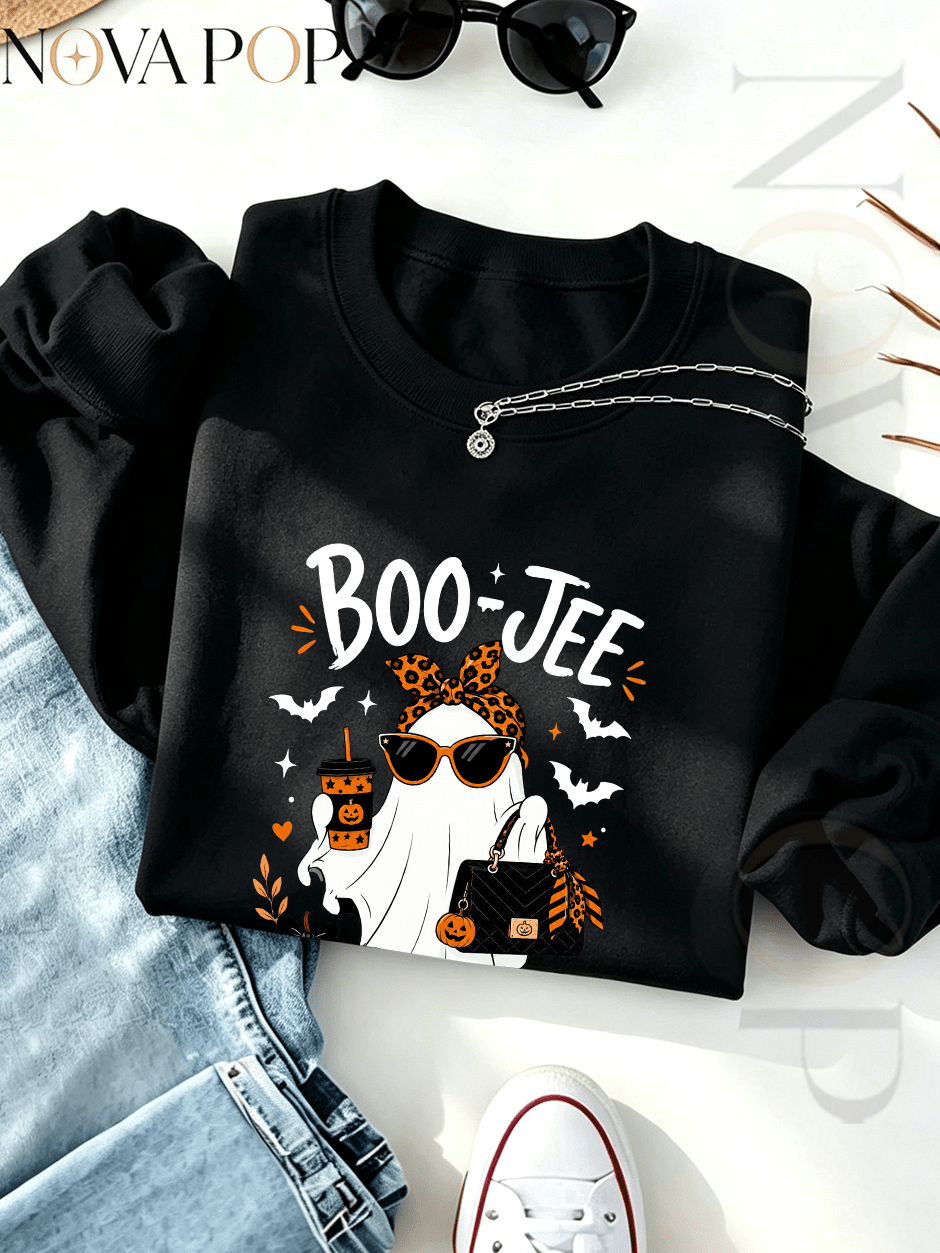 Women Thin Crewneck Sweatshirt, Boo-Jee Leopard Bow Ghost Bat Graphic Print, Back To School Fall Outfit For Women, Halloween Vacation Gift