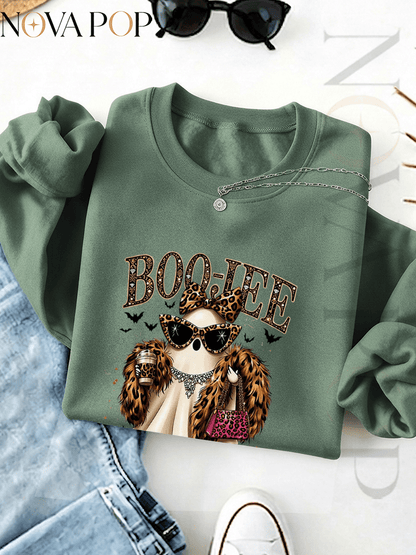 Women Thin Crewneck Sweatshirt, Boo-Jee Leopard Bow Ghost Bat Graphic Print, Back To School Fall Outfit For Women, Halloween Vacation Gift