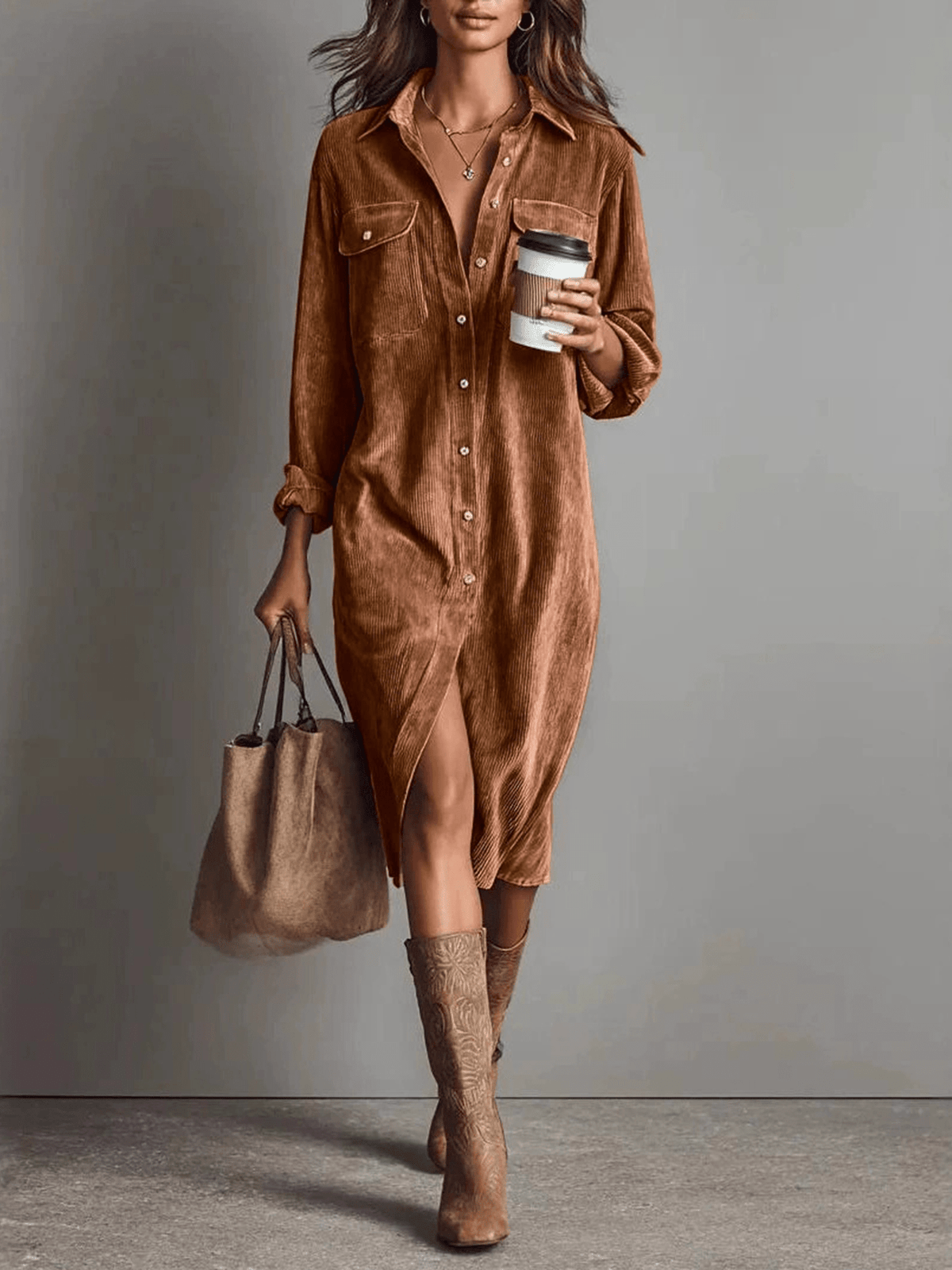 2026 Fall Casual Shirt Midi Dress Lapel Collar Long Sleeve Button Front Flap Pockets Loose Fit Vintage Western Daily Dress For Women