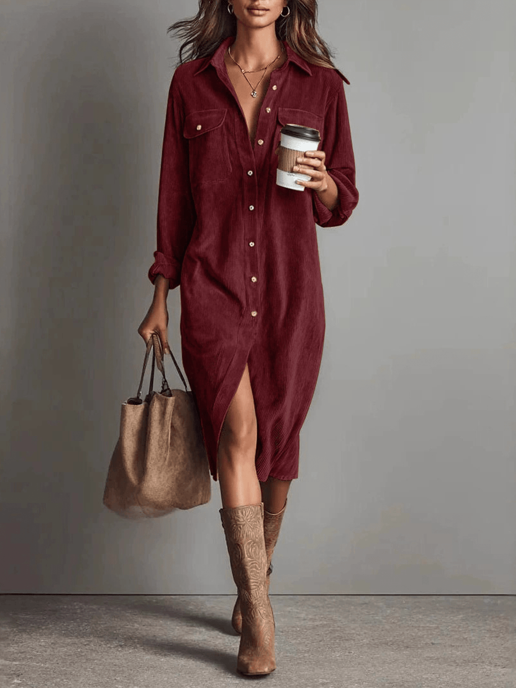 2026 Fall Casual Shirt Midi Dress Lapel Collar Long Sleeve Button Front Flap Pockets Loose Fit Vintage Western Daily Dress For Women