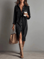 2026 Fall Casual Shirt Midi Dress Lapel Collar Long Sleeve Button Front Flap Pockets Loose Fit Vintage Western Daily Dress For Women