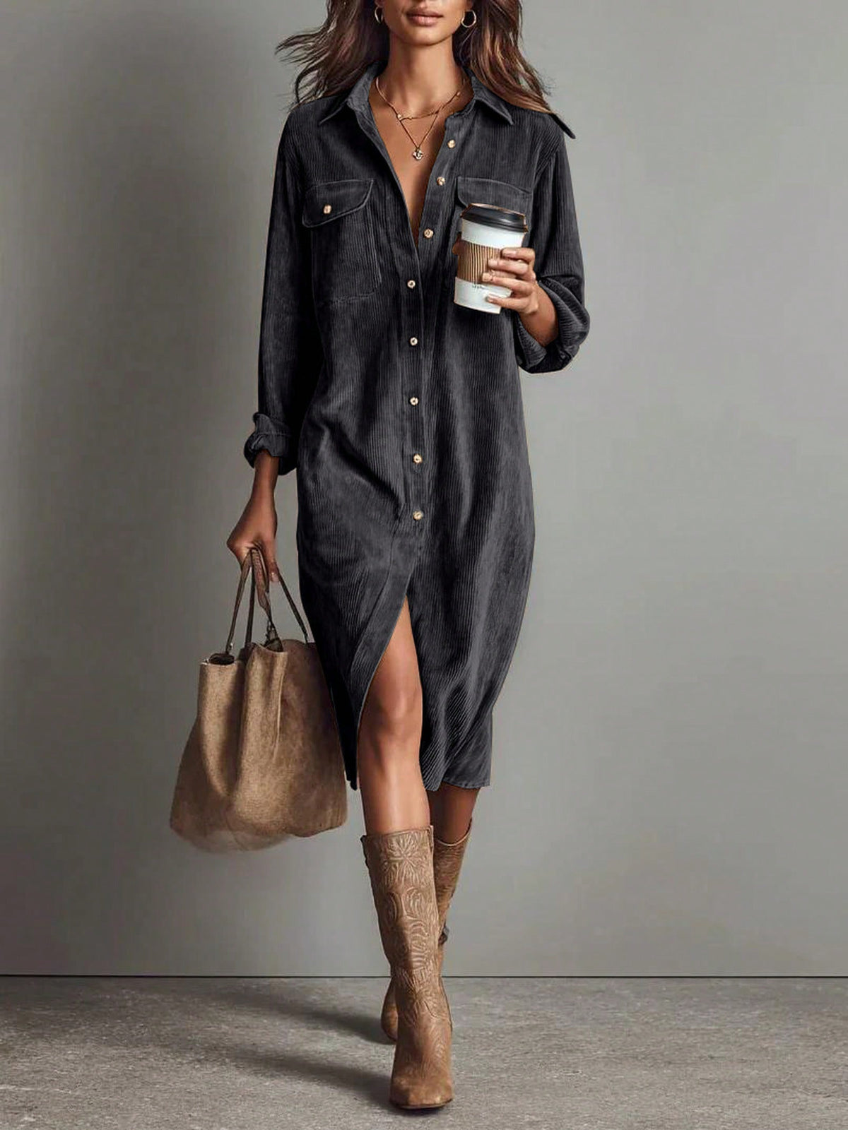 2026 Fall Casual Shirt Midi Dress Lapel Collar Long Sleeve Button Front Flap Pockets Loose Fit Vintage Western Daily Dress For Women