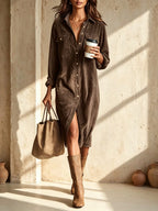 2026 Fall Casual Shirt Midi Dress Lapel Collar Long Sleeve Button Front Flap Pockets Loose Fit Vintage Western Daily Dress For Women