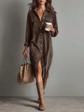 2026 Fall Casual Shirt Midi Dress Lapel Collar Long Sleeve Button Front Flap Pockets Loose Fit Vintage Western Daily Dress For Women