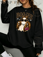 Women Thin Crewneck Sweatshirt, Boo-Jee Leopard Bow Ghost Bat Graphic Print, Back To School Fall Outfit For Women, Halloween Vacation Gift