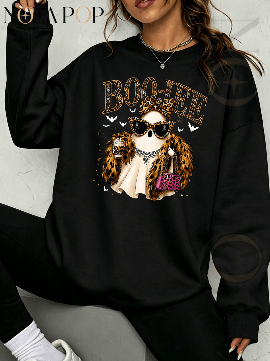 Women Thin Crewneck Sweatshirt, Boo-Jee Leopard Bow Ghost Bat Graphic Print, Back To School Fall Outfit For Women, Halloween Vacation Gift