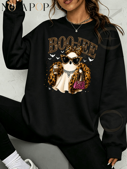 Women Thin Crewneck Sweatshirt, Boo-Jee Leopard Bow Ghost Bat Graphic Print, Back To School Fall Outfit For Women, Halloween Vacation Gift