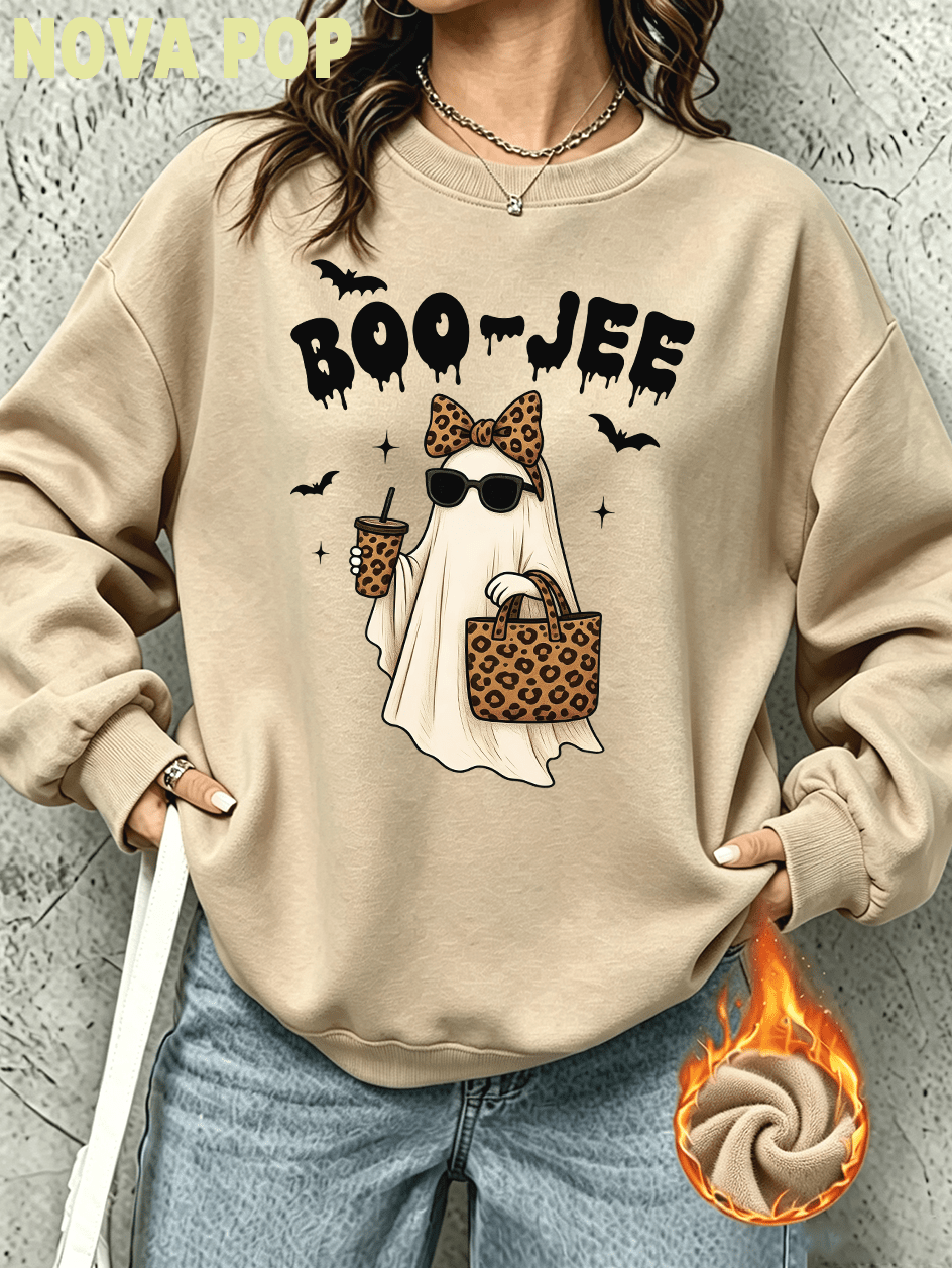 Women Thin Crewneck Sweatshirt, Boo-Jee Leopard Bow Ghost Bat Graphic Print, Back To School Fall Outfit For Women, Halloween Vacation Gift