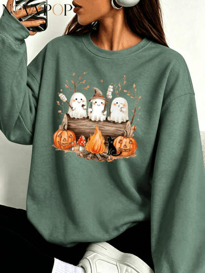 Women Thin Crewneck Sweatshirt, Boo-Jee Leopard Bow Ghost Bat Graphic Print, Back To School Fall Outfit For Women, Halloween Vacation Gift