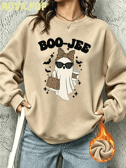 Women Thin Crewneck Sweatshirt, Boo-Jee Leopard Bow Ghost Bat Graphic Print, Back To School Fall Outfit For Women, Halloween Vacation Gift