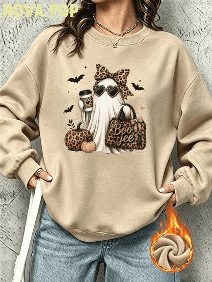Women Thin Crewneck Sweatshirt, Boo-Jee Leopard Bow Ghost Bat Graphic Print, Back To School Fall Outfit For Women, Halloween Vacation Gift