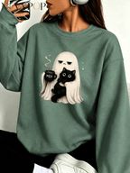 Women Thin Crewneck Sweatshirt, Boo-Jee Leopard Bow Ghost Bat Graphic Print, Back To School Fall Outfit For Women, Halloween Vacation Gift