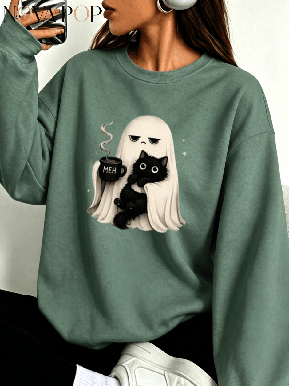 Women Thin Crewneck Sweatshirt, Boo-Jee Leopard Bow Ghost Bat Graphic Print, Back To School Fall Outfit For Women, Halloween Vacation Gift