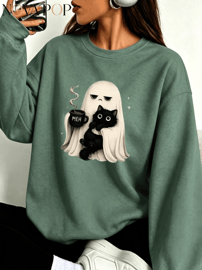 Women Thin Crewneck Sweatshirt, Boo-Jee Leopard Bow Ghost Bat Graphic Print, Back To School Fall Outfit For Women, Halloween Vacation Gift