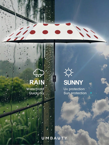 UMBAUTY Umbrella, Red Polka Dot Pattern, Portable Travel, Sun Protection And Rain Umbrella, 8-Rib Reinforced Frame, One-Click Open/Close, Black Coating SPF 30+ Sun Protection, Heat Reduction And Waterproof Fabric, Dual-Use Automatic Umbrella For Sunny And
