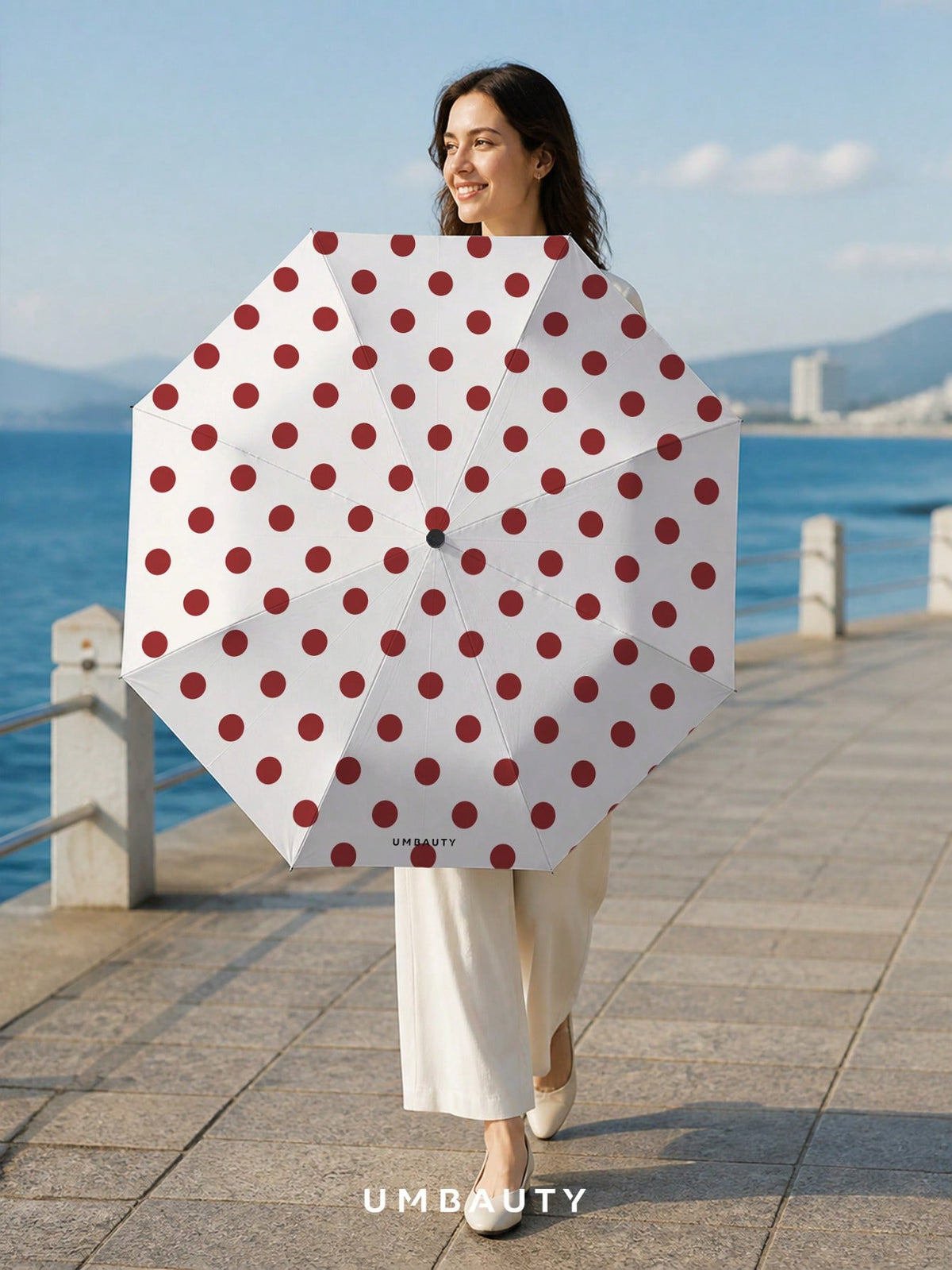 UMBAUTY Umbrella, Red Polka Dot Pattern, Portable Travel, Sun Protection And Rain Umbrella, 8-Rib Reinforced Frame, One-Click Open/Close, Black Coating SPF 30+ Sun Protection, Heat Reduction And Waterproof Fabric, Dual-Use Automatic Umbrella For Sunny And