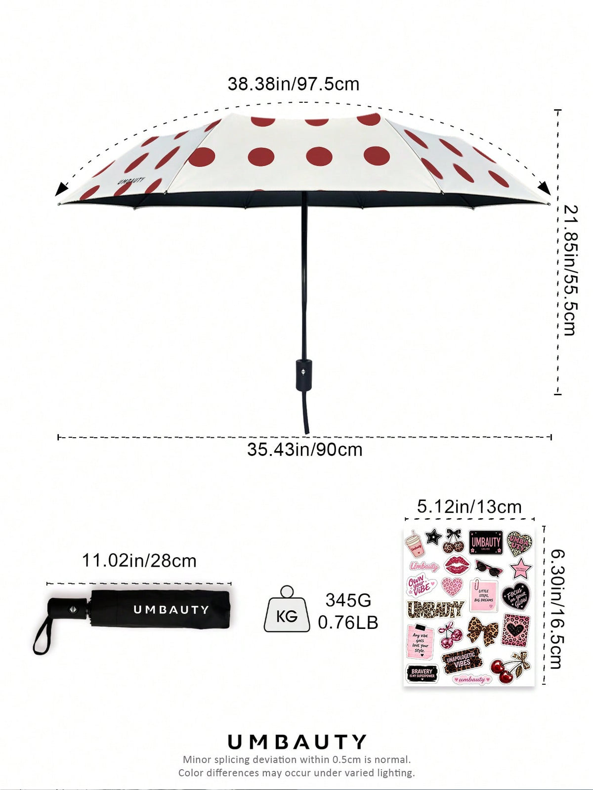 UMBAUTY Umbrella, Red Polka Dot Pattern, Portable Travel, Sun Protection And Rain Umbrella, 8-Rib Reinforced Frame, One-Click Open/Close, Black Coating SPF 30+ Sun Protection, Heat Reduction And Waterproof Fabric, Dual-Use Automatic Umbrella For Sunny And