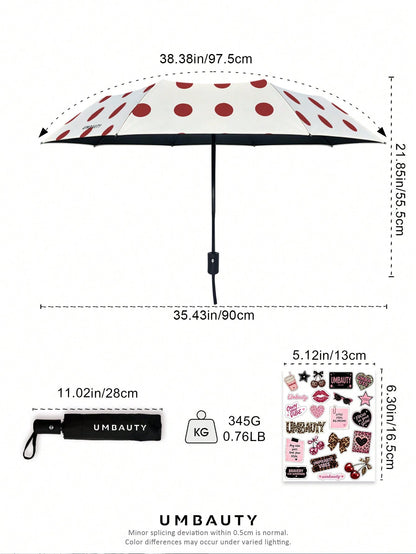 UMBAUTY Umbrella, Red Polka Dot Pattern, Portable Travel, Sun Protection And Rain Umbrella, 8-Rib Reinforced Frame, One-Click Open/Close, Black Coating SPF 30+ Sun Protection, Heat Reduction And Waterproof Fabric, Dual-Use Automatic Umbrella For Sunny And