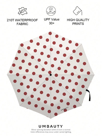 UMBAUTY Umbrella, Red Polka Dot Pattern, Portable Travel, Sun Protection And Rain Umbrella, 8-Rib Reinforced Frame, One-Click Open/Close, Black Coating SPF 30+ Sun Protection, Heat Reduction And Waterproof Fabric, Dual-Use Automatic Umbrella For Sunny And