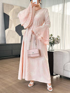 Graceveil Gentle Youthful Pink Embroidered Round Neck Flared Sleeve Tie Waist Full Skirt Elegant Daily Formal Dress For Women