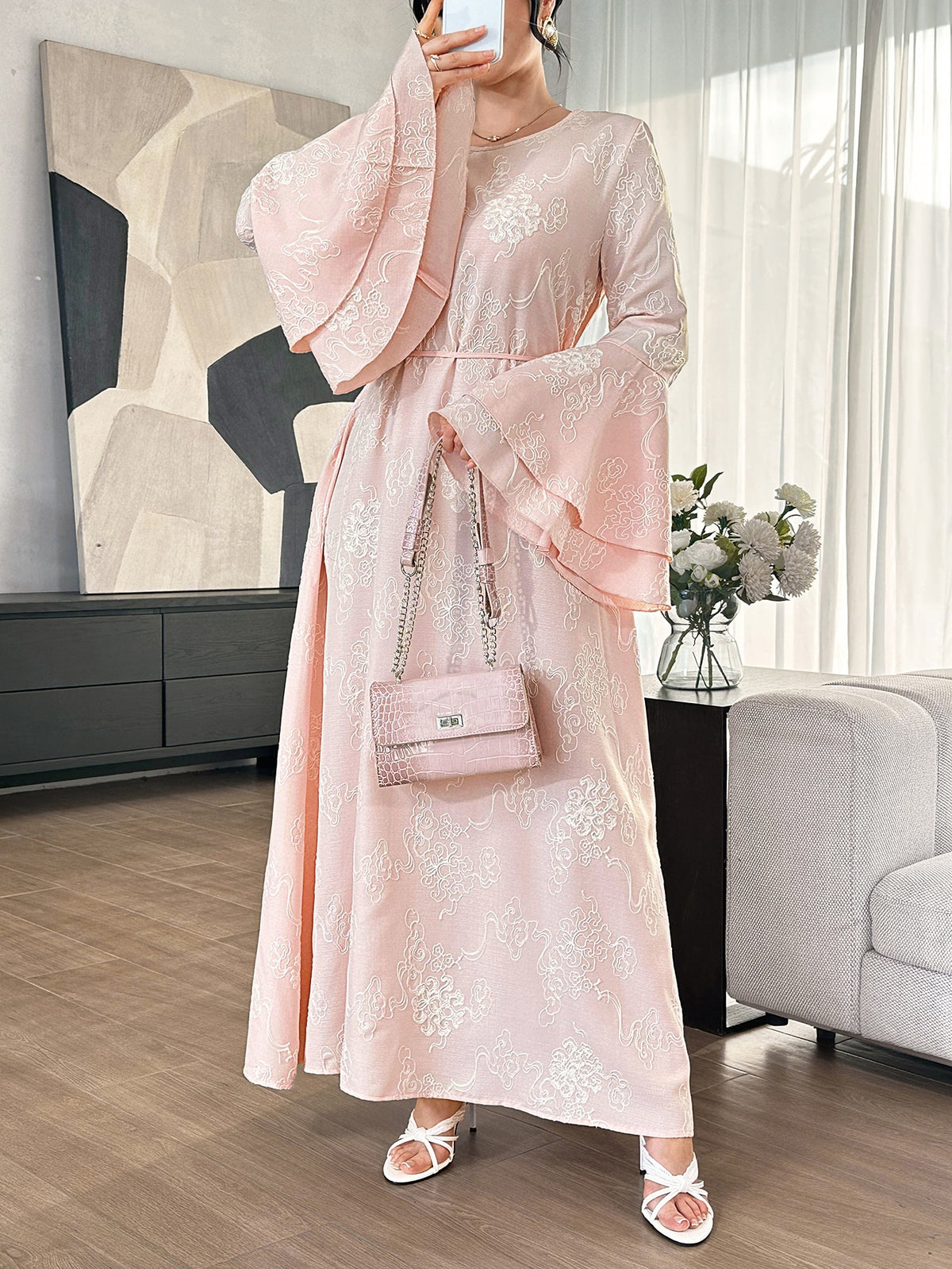 Graceveil Gentle Youthful Pink Embroidered Round Neck Flared Sleeve Tie Waist Full Skirt Elegant Daily Formal Dress For Women