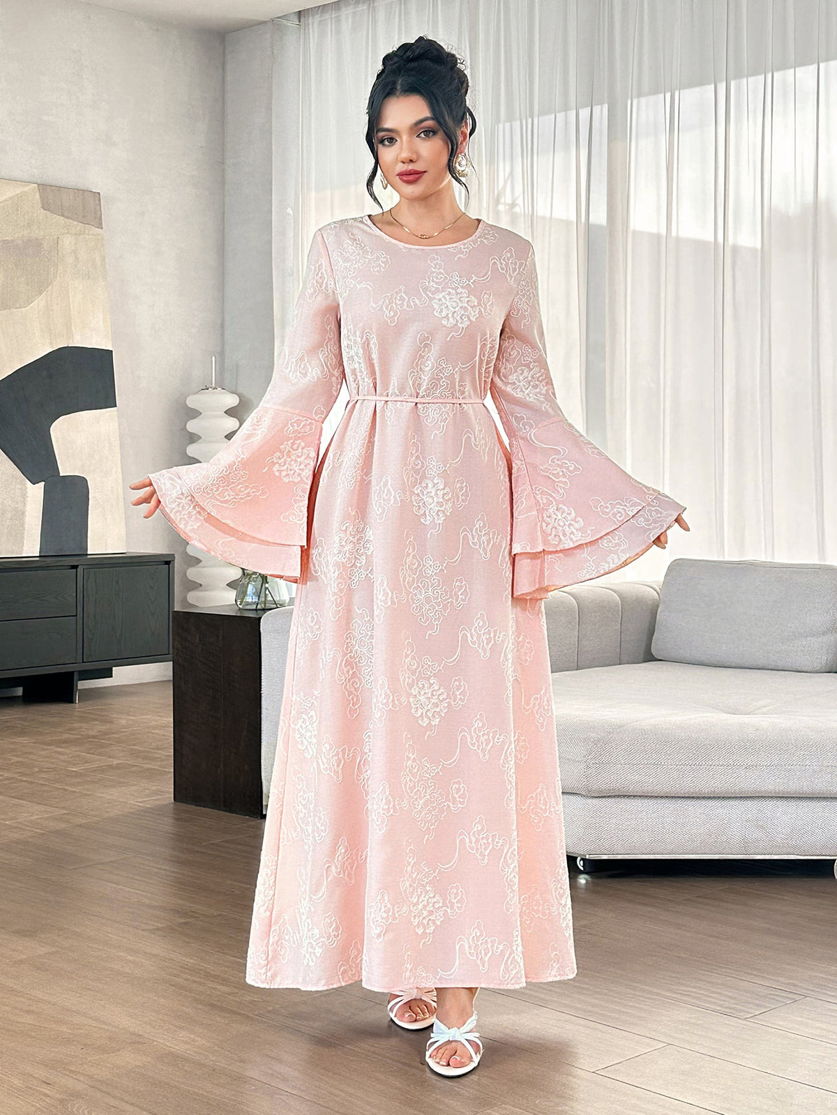 Graceveil Gentle Youthful Pink Embroidered Round Neck Flared Sleeve Tie Waist Full Skirt Elegant Daily Formal Dress For Women