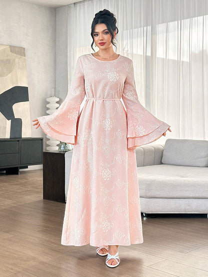 Graceveil Gentle Youthful Pink Embroidered Round Neck Flared Sleeve Tie Waist Full Skirt Elegant Daily Formal Dress For Women
