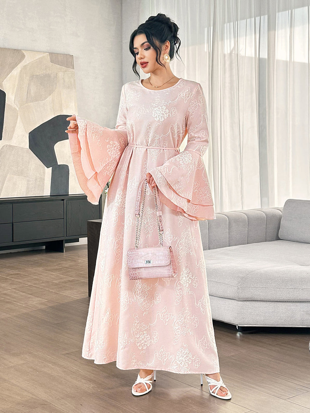 Graceveil Gentle Youthful Pink Embroidered Round Neck Flared Sleeve Tie Waist Full Skirt Elegant Daily Formal Dress For Women