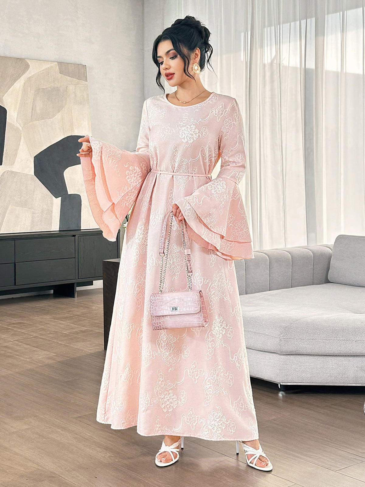 Graceveil Gentle Youthful Pink Embroidered Round Neck Flared Sleeve Tie Waist Full Skirt Elegant Daily Formal Dress For Women