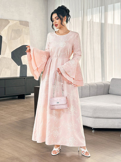 Graceveil Gentle Youthful Pink Embroidered Round Neck Flared Sleeve Tie Waist Full Skirt Elegant Daily Formal Dress For Women