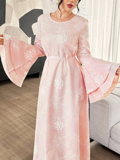 Graceveil Gentle Youthful Pink Embroidered Round Neck Flared Sleeve Tie Waist Full Skirt Elegant Daily Formal Dress For Women