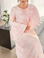 Graceveil Gentle Youthful Pink Embroidered Round Neck Flared Sleeve Tie Waist Full Skirt Elegant Daily Formal Dress For Women