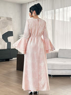 Graceveil Gentle Youthful Pink Embroidered Round Neck Flared Sleeve Tie Waist Full Skirt Elegant Daily Formal Dress For Women