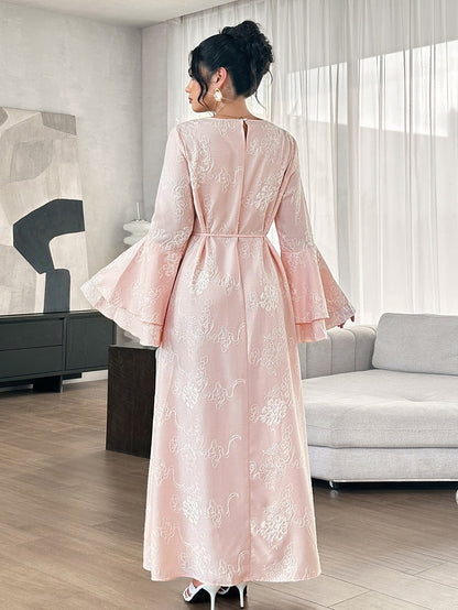 Graceveil Gentle Youthful Pink Embroidered Round Neck Flared Sleeve Tie Waist Full Skirt Elegant Daily Formal Dress For Women