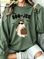 Women Thin Crewneck Sweatshirt, Boo-Jee Leopard Bow Ghost Bat Graphic Print, Back To School Fall Outfit For Women, Halloween Vacation Gift