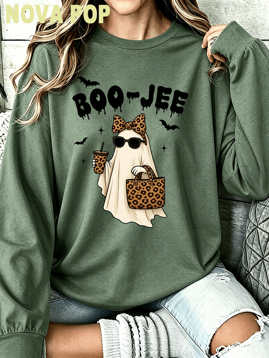 Women Thin Crewneck Sweatshirt, Boo-Jee Leopard Bow Ghost Bat Graphic Print, Back To School Fall Outfit For Women, Halloween Vacation Gift