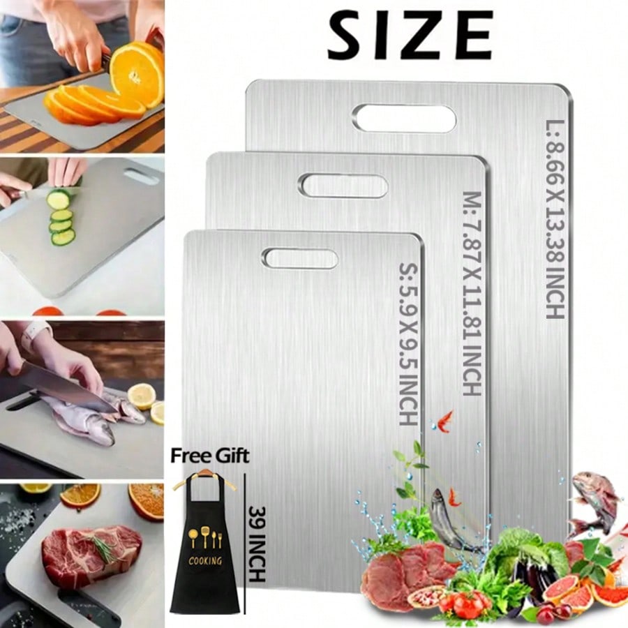1 PCS (S/M/L) Or 3 PCS Stainless Steel Cutting Boards, 0.04 IN Thick, Slim Portable Cutting Board,Comes With Apron, Kitchen Cutting Board, Easy To Clean, Kitchen-Ready, Space-Saving, Rust-Resistant, Halloween And Christmas Gifts