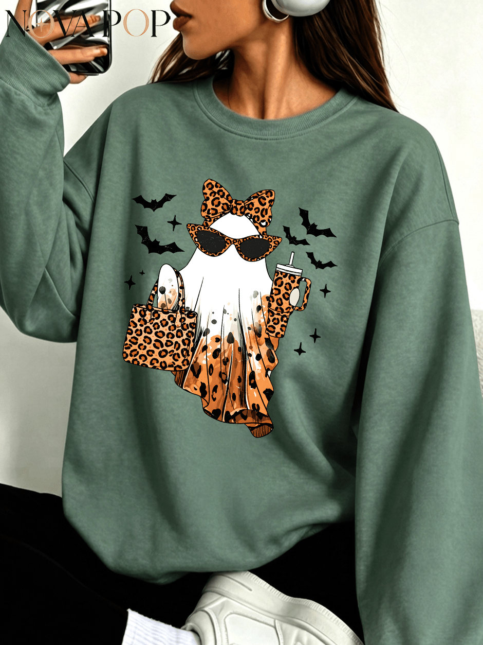 Women Thin Crewneck Sweatshirt, Boo-Jee Leopard Bow Ghost Bat Graphic Print, Back To School Fall Outfit For Women, Halloween Vacation Gift