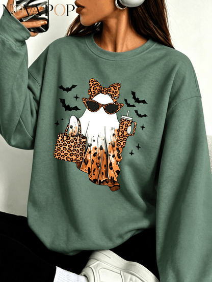 Women Thin Crewneck Sweatshirt, Boo-Jee Leopard Bow Ghost Bat Graphic Print, Back To School Fall Outfit For Women, Halloween Vacation Gift
