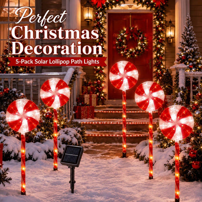 UMEUC 1-To-5 Solar Christmas Candy Ground Stake Lights - Red & White Lollipop LED Pathway Lights, IPX6 Waterproof Christmas Decor For Gardens, Lawns, Porches, And Walkways; Ideal For Holiday Parties And Winter Festive Decoration (600 Lumens)