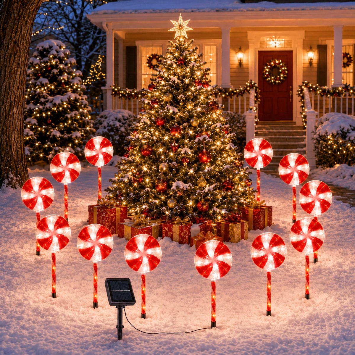 UMEUC 1-To-5 Solar Christmas Candy Ground Stake Lights - Red & White Lollipop LED Pathway Lights, IPX6 Waterproof Christmas Decor For Gardens, Lawns, Porches, And Walkways; Ideal For Holiday Parties And Winter Festive Decoration (600 Lumens)